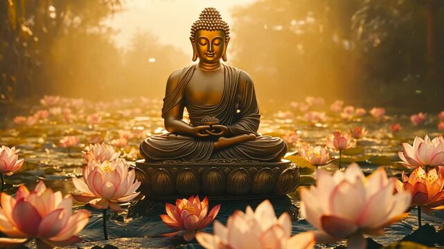 Serene buddha statue meditating amidst lotus flowers in golden light a peaceful zen aesthetic