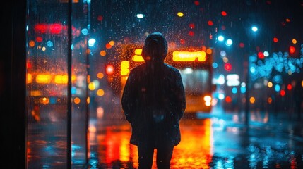 A solitary figure stands amidst a vibrant, rain-soaked urban landscape at night.  A person stands in a city street, illuminated by colorful lights during a wet night