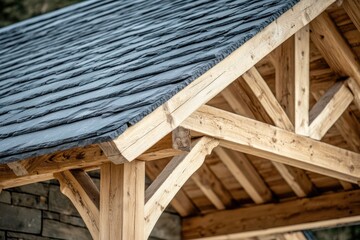 Fototapeta premium Dark slate roof on a natural wood frame structure