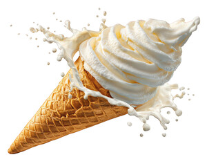 Creamy ice cream cone tipped over, splashing delightful creamy goodness everywhere, creating fun and messy scene. This captures joy of indulgence and playful nature of desserts