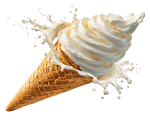 Creamy ice cream cone tipped over, splashing delightful creamy goodness everywhere, creating fun and messy scene. This captures joy of indulgence and playful nature of desserts