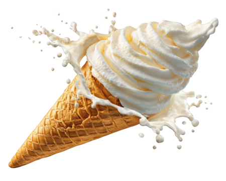 Creamy ice cream cone tipped over, splashing delightful creamy goodness everywhere, creating fun and messy scene. This captures joy of indulgence and playful nature of desserts