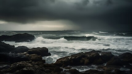 Stormy ocean waves crashing on rocky shore. (2)