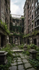 An overgrown city plaza with statues covered in vines, cracked pavement, and the ghostly remains of civilization, painted with melancholic brushwork.


