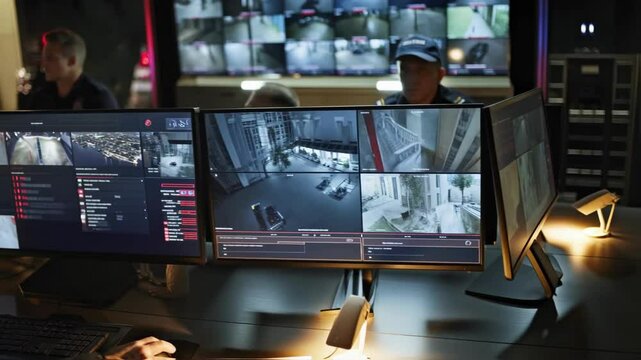 A multiscreen setup showing a simulated emergency response scenario with alerts from various sources being integrated and tracked by staff members coordinating police and fire responses