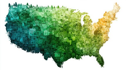 Map of the united states featuring ai-predicted housing affordability index icon concept for economic forecasting