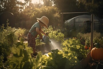 Child watering garden plants on sunny day.