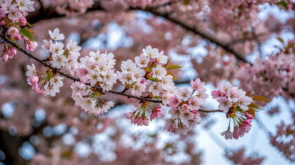 Fototapeta premium A soft, dreamy photograph of cherry blossoms in full bloom against a blurred blue sky background.