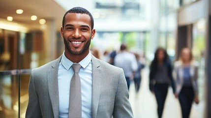 Fototapeta premium A smiling young man in a suit standing in a modern office hallway.