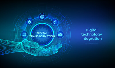 Digital transformation. Concept of digitization of business processes and modern technology. Digital transformation icon in wireframe hand. Disruption, innovation solutions. Vector illustration.