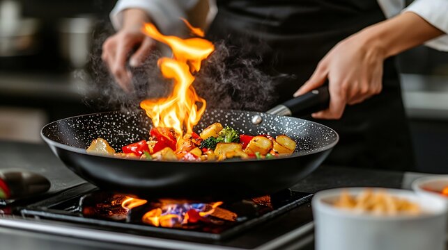 Vibrant Flaming Stir-Fry Cooking Demo Culinary Artistry in Close-Up Food Photography