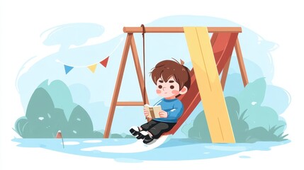 Boy Reading on Slide: Whimsical Illustration