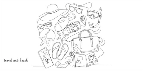 Collection of travel and beach accessories continuous single line art drawing sketch on white background
