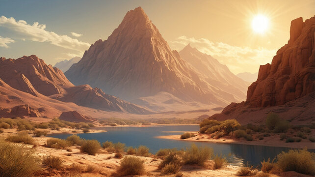 Image is a landscape photograph showcasing a vast desert scene with two prominent circular lakes. The foreground features a large, round lake with clear blue water, surrounded by sandy terrain and spa