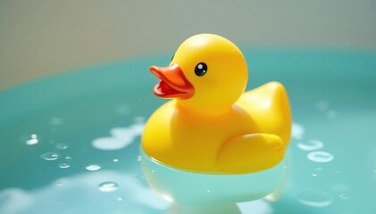 Yellow rubber duck floating in a bathtub, water droplets visible , droplets, item, bathtub