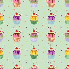 Colorful cupcake pattern on pastel background