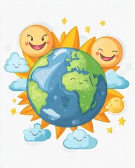 Fototapeta premium Smiling sun and earth, a cheerful cosmic display.