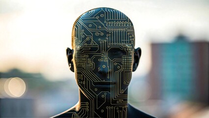 Futuristic android head design showcasing advanced AI technology circuit board patterns on a human-like face