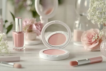 Delicate pink makeup and floral arrangement