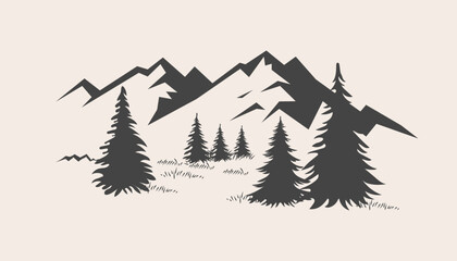 Fototapeta premium A monochromatic vector illustration of a mountain range and a pine tree forest. Ideal for logos, emblems, and outdoor adventure or travel branding.