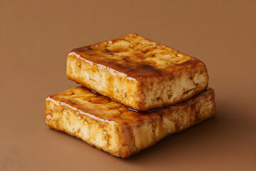 Two pieces of glazed tofu, stacked and presented on a brown surface.