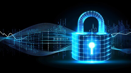  A glowing digital padlock made of interconnected blocks