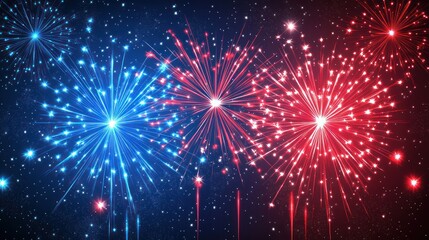 Fototapeta premium Fireworks display against a night sky. Vibrant red and blue bursts