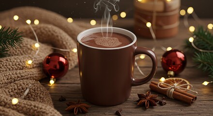 Steaming mug of hot chocolate on a wooden table with winter decor