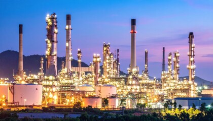 Obraz premium Illuminated Industrial Landscape Oil Refinery Complex at Twilight with Mountain Backdrop