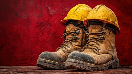 Used work boots and hard hats