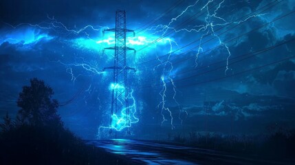 High voltage electric pole illuminated by glowing digital wires.