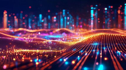 Fototapeta premium Smart city illustrated with abstract dotted connections and gradient lines.