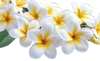 Naklejka premium Plumeria Blossom Cluster Close-up, White and Yellow, Floral Photography, Tropical Flower,Spa, Plumeria, Frangipani Plumeria