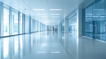 A spacious, modern office hallway with glass walls and a white ceiling.