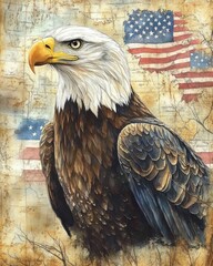 Obraz premium Majestic bald eagle portrait, American flag backdrop