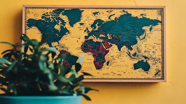 Vintage world map on yellow wall with potted plant, showcasing continents and countries in detail
