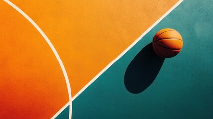 A basketball on a colorful court with a white line dividing the court into two halves.