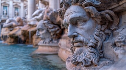 Close-up of ornate stone sculptures at a historic fountain.