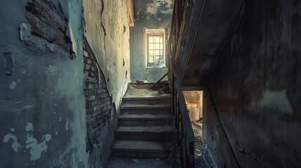 Obraz premium Dilapidated Staircase In Old Building With Cracked Walls and Natural Light