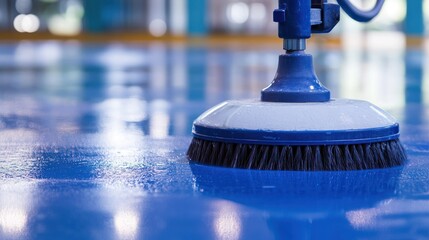 A blue and white cleaning tool with a blue handle and a round head, being used to clean a blue floor.