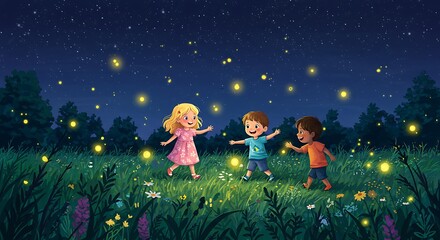 Children Catching Fireflies in a Summer Meadow at Night