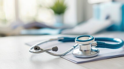 A blue stethoscope with a white background and a green plant in the background.