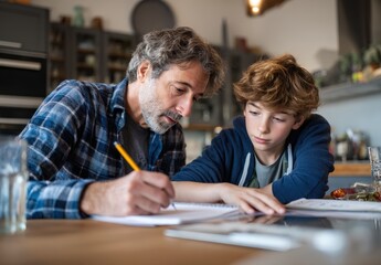 Father and son doing homework together in a cozy kitchen setting.