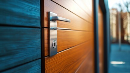 A modern, sleek door with a metallic handle and a wooden panel, set against a blurred urban background.
