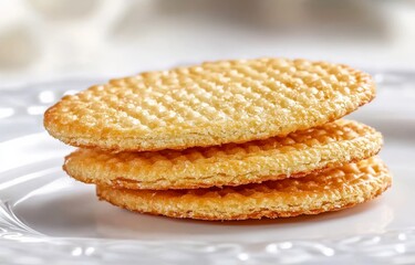 Stacked Waffle Cookies Close-up Photography of Three Golden-Brown, Crispy Biscuits, Dessert Food, Sweet Treat waffle cookies, biscuits