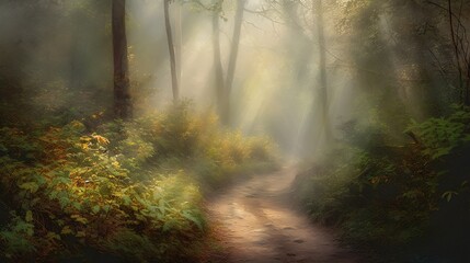 Obraz premium Sunlit forest path through mist.
