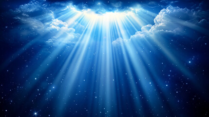 Ascension Day, Celestial Night Sky Divine Light Rays Breaking Through Clouds and Stars
