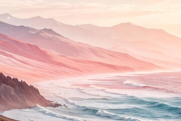 Impressionistic Coastal Landscape with Pastel Sky, Mountains, and Gentle Ocean Waves