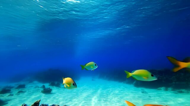 A school of yellow and gold fish swimming above the sandy ocean floor in clear, blue water, coral reef, underwater environment.