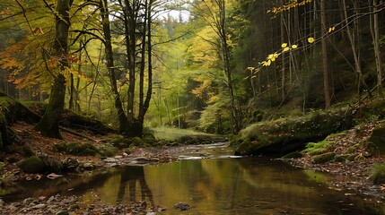 Fototapeta premium Forest Stream Scene Featuring Sunlight Through Trees and Calm Water Surface